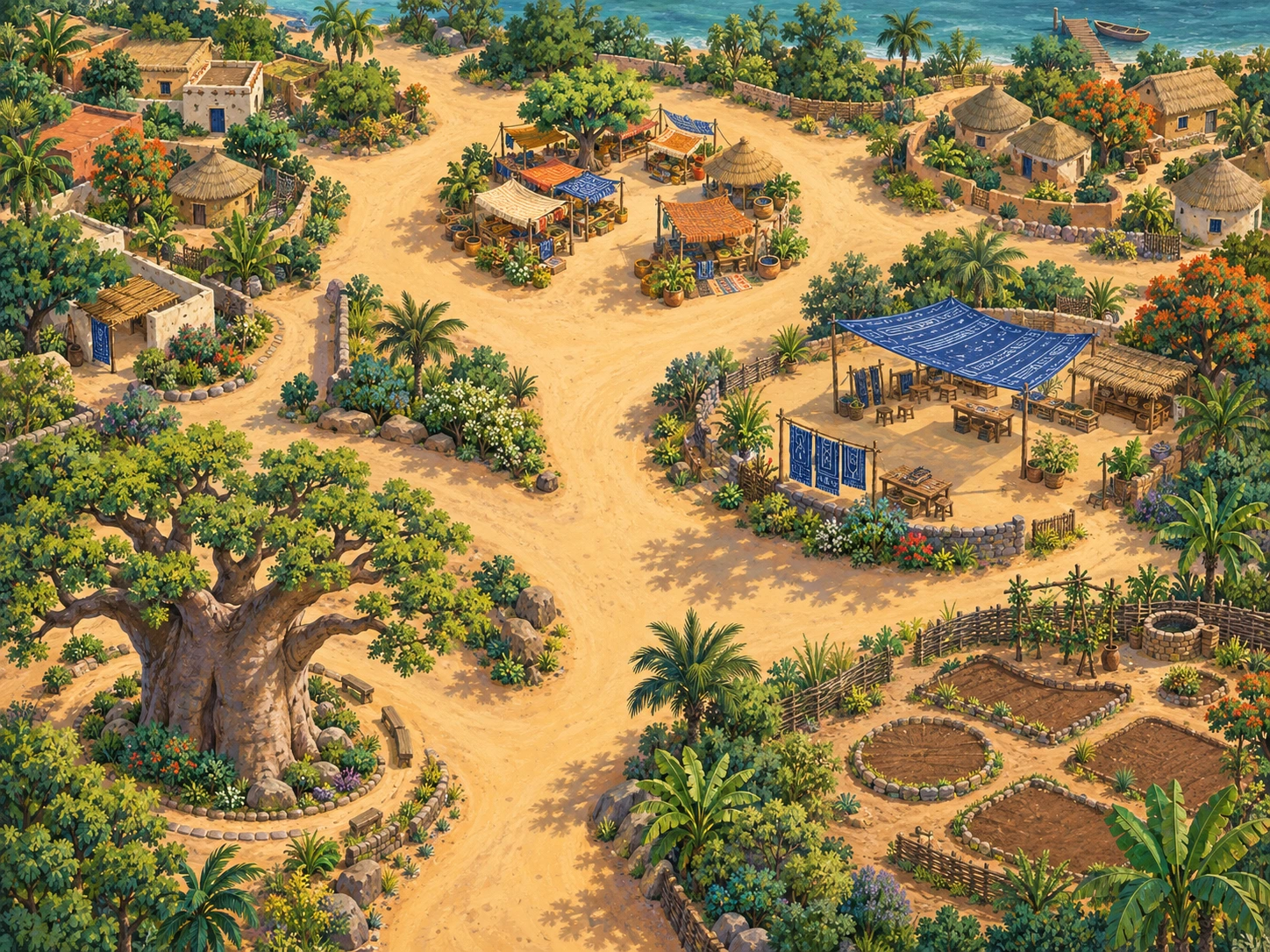 A sunlit fictional community with a market, making workshop, paths and garden.